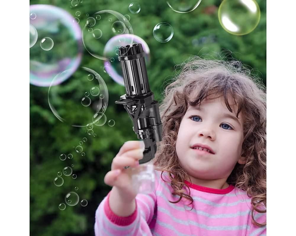 JS Enterprise™ Bubble Gun- 8 Hole Automatic Gatling Bubble Gun Blower Maker, with 3 Batteries and Bubble Water(Assorted Color)
