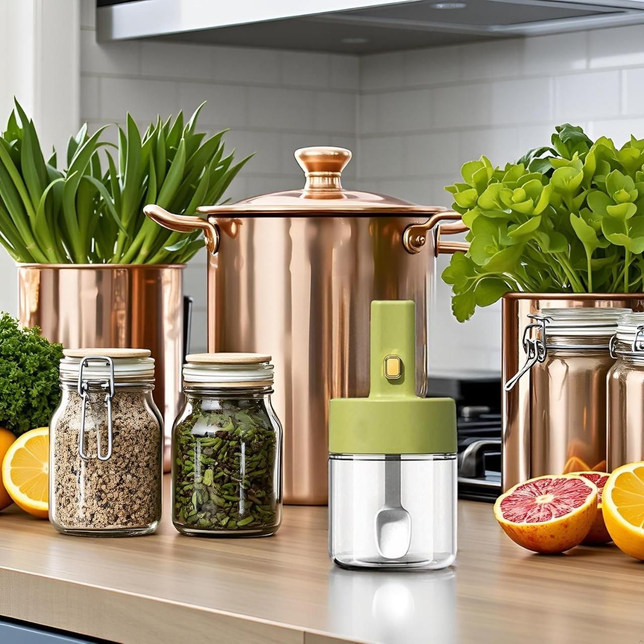 JS Enterprise™ Luxury Glass Telescopic Seasoning Tank with Integrated Spoon Lid