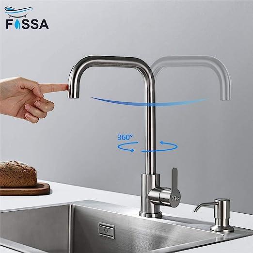 Fossa High Pressure Kitchen Faucet 360° Swivel, Stainless Steel Kitchen Faucet, Kitchen Mixer Tap with High L Bend Spout-257mm (Silver)